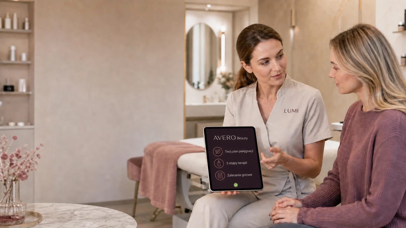 Kosmetolożka LUMI prezentująca klientce plan terapii w AVERO Beauty